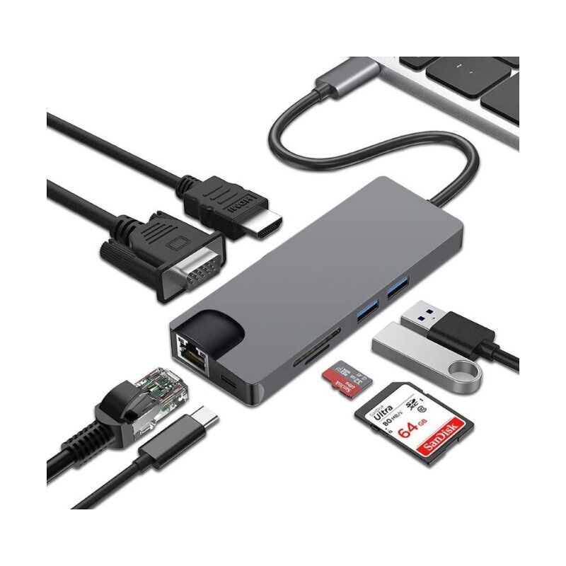 dd095487d0d6810c17597401cf0d3e92.jpg Adapter USB 3.1 Tip C (M) - HDMI+VGA+2X 3.0 USB + tip C + SD (F) + RJ45