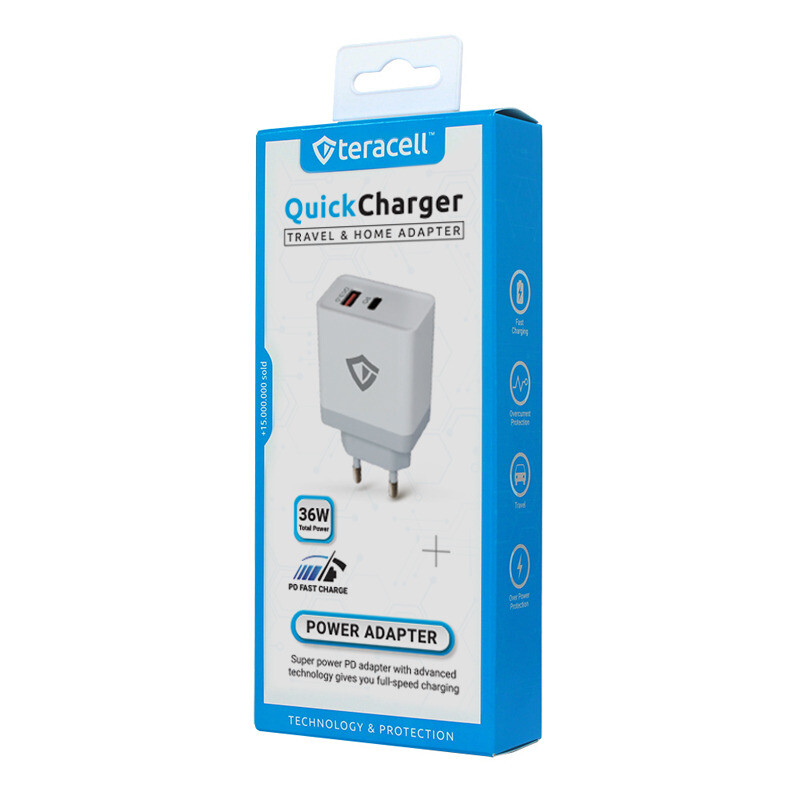 b23a10b4d283818360c4b0b72e59b094 Kucni punjac Teracell Evolution TC-15GP, QC 3.0, PD 3.0, 20W sa PD iPhone lightning kablom beli CE