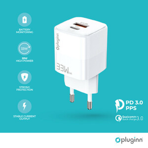 21b21059e63a1dcf8ed4fcdbef2fe2db Kucni punjac Pluginn PI-D73, QC3.0 PD3.0, PPS, USB-PD 18W+20W, 38W (total) sa PD iPhone lightning kablom beli CE