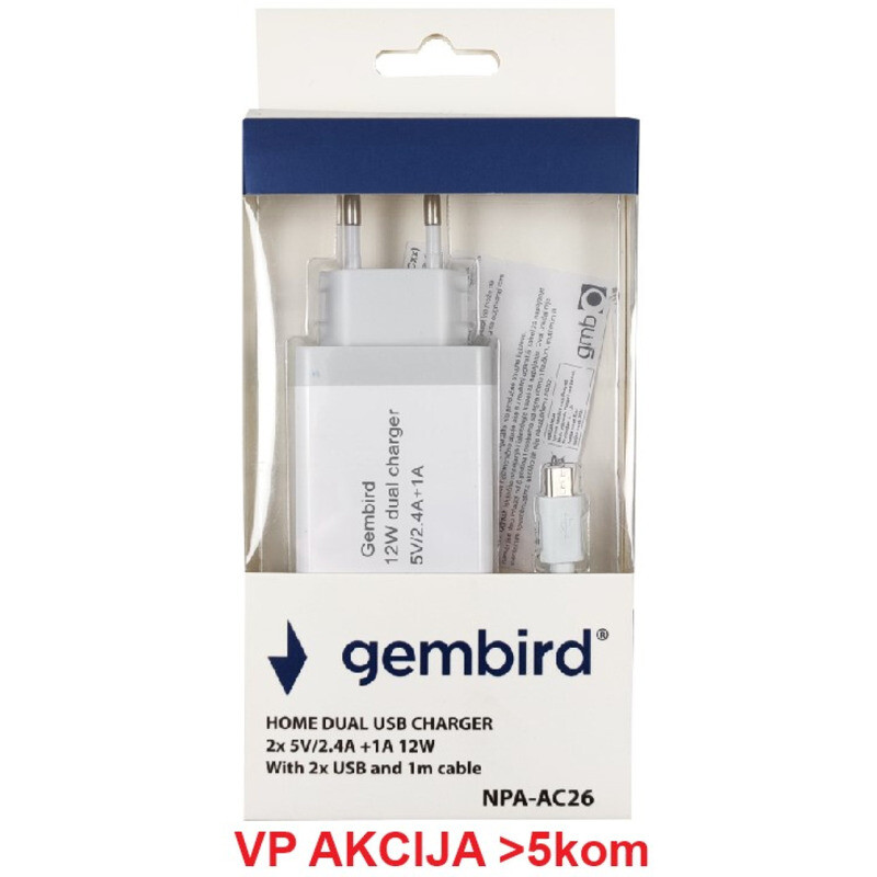 fd6283a6f7c83b33bd053894878ef419 NPA-AC26 ** Gembird punjac za telefone i tablete 2x5v/2.4A+1A 12W +micro USB DATA kabl 1M (263)