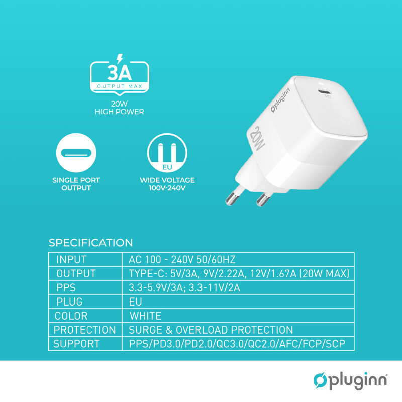 4fb2ddff8d36fa34623d072361c7bb52 Kucni punjac Pluginn PI-D73, QC3.0 PD3.0, PPS, USB-PD 18W+20W, 38W (total) sa PD Type C kablom beli CE