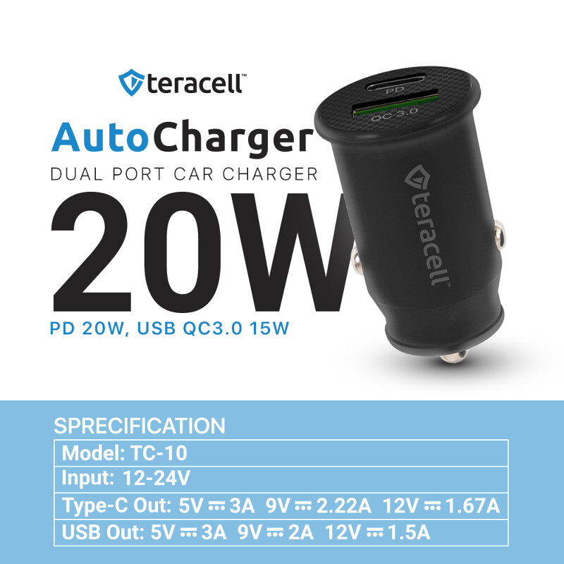 91736d9a3e56dadbc2b0d5ec86b9b89c Auto punjac Teracell Evolution TC-11 PD 22.5W + USB QC3.0 20W, 45W (total) sa Type C kablom crni
