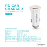b6947d906a20e3cd722c43b4663c8c82 Auto punjac Pluginn PI-21S, PD 20W, QC 3.0 18W, sa Type C kablom beli