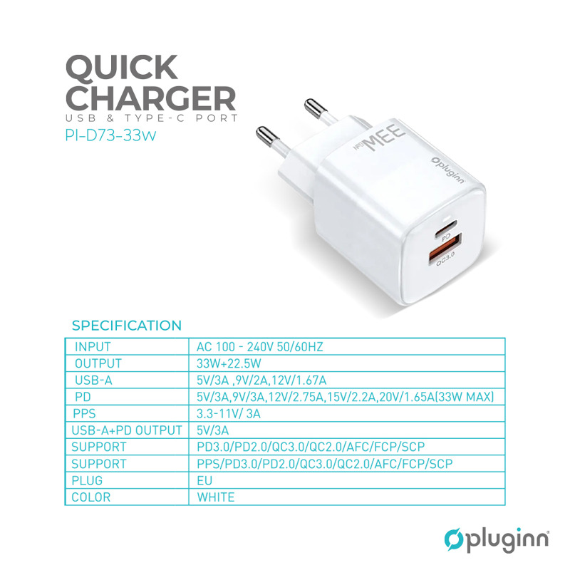 cb281a042fdd477b2c07b3c1e25b509e Kucni punjac Pluginn PI-D73, QC3.0 PD3.0, PPS, USB-PD 18W+20W, 38W (total) sa PD Type C kablom beli CE