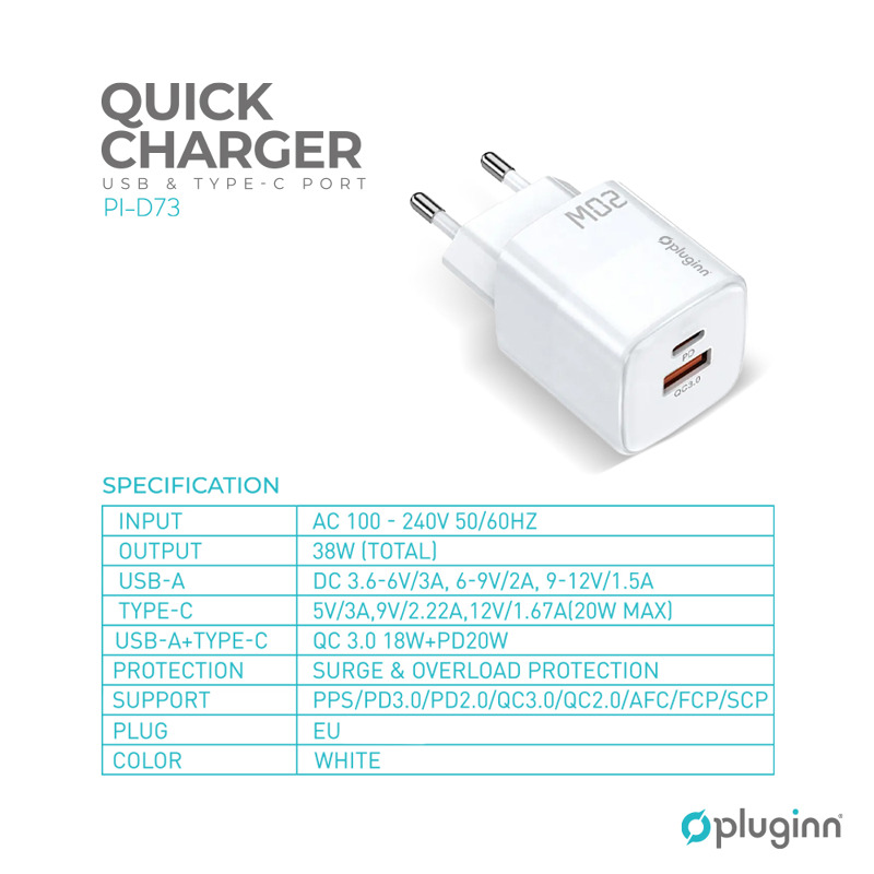 d487c7beb872aa3fbb3d67ccb8d11306 Kucni punjac Pluginn PI-D73, QC3.0 PD3.0, PPS, USB-PD 18W+20W, 38W (total) sa PD Type C kablom beli CE