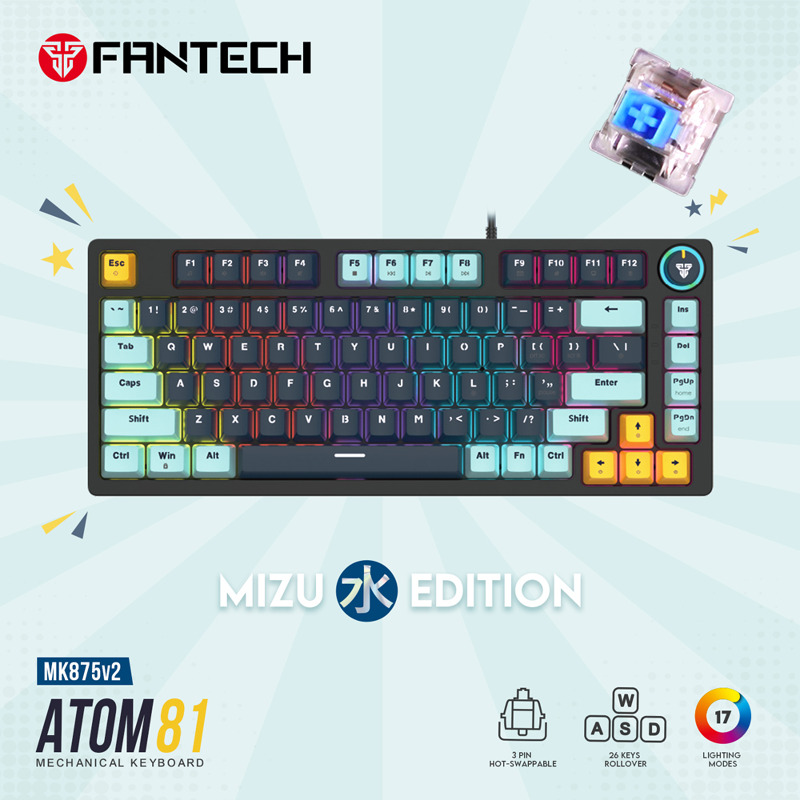 508857236ae8e8b30853638d5d2677f5 Tastatura Mehanicka Gaming Fantech MK876 RGB Atom TKL siva (Blue switch)