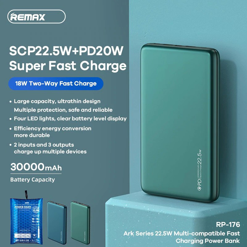 9cc8a34e078409a9ba2a852a1e4b6da8 Back up baterija REMAX RPP-176 22.5W 30000mAh zelena